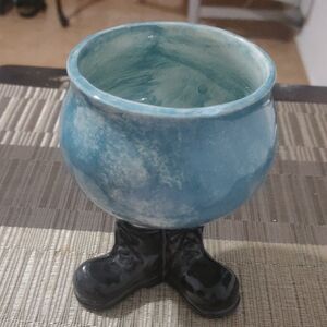 Artistic Blue Ceramic Planter with Black Boots
